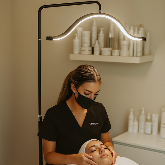 Facial treatment in a spa setting with a professional eyelash light