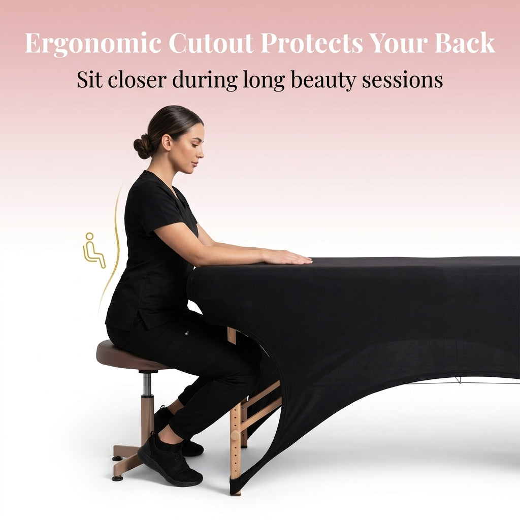Woman sitting at a massage table with an ergonomic cutout so your legs fit under the bed