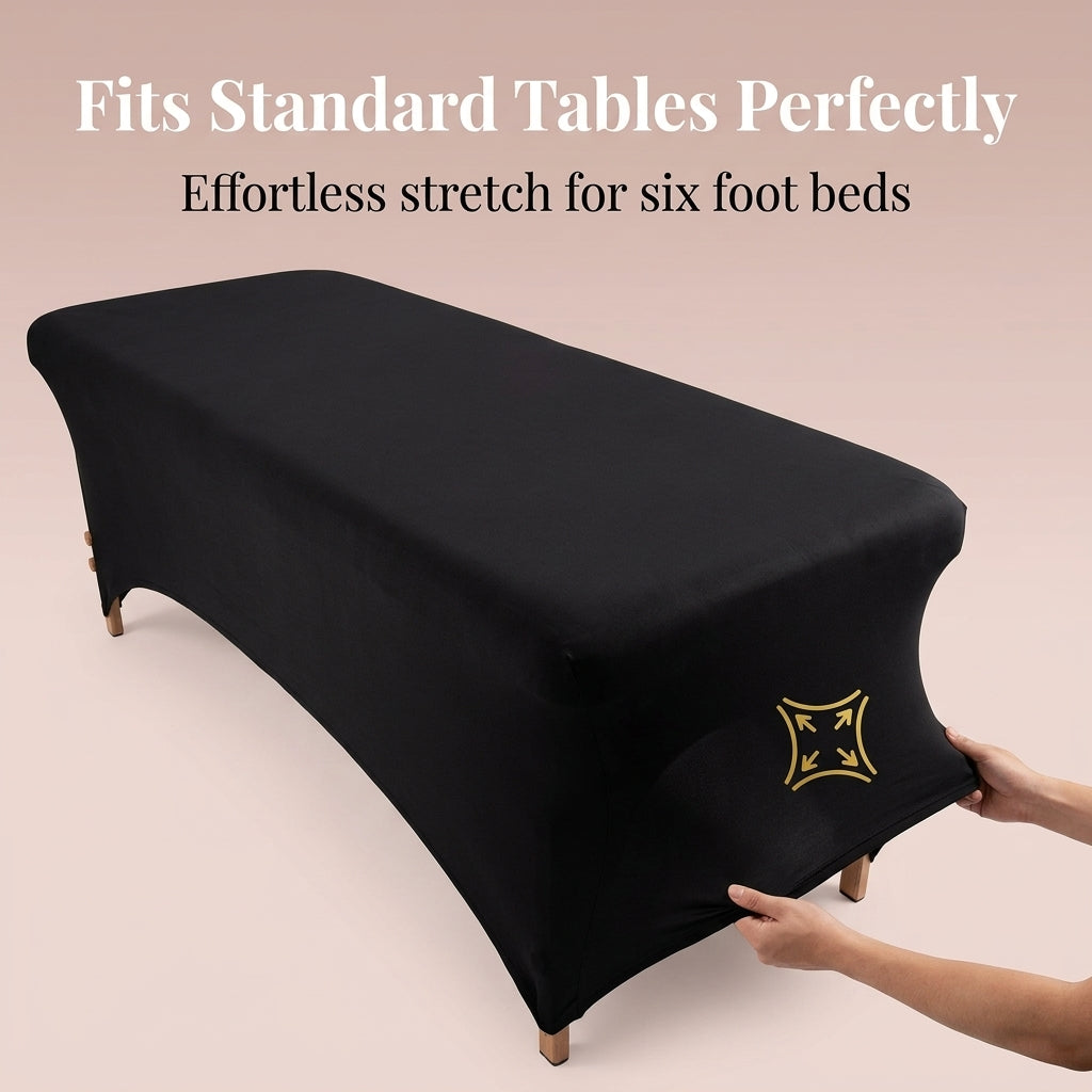 Black table cover being stretched over a standard table with text indicating it fits tables perfectly and stretches for six foot beds.