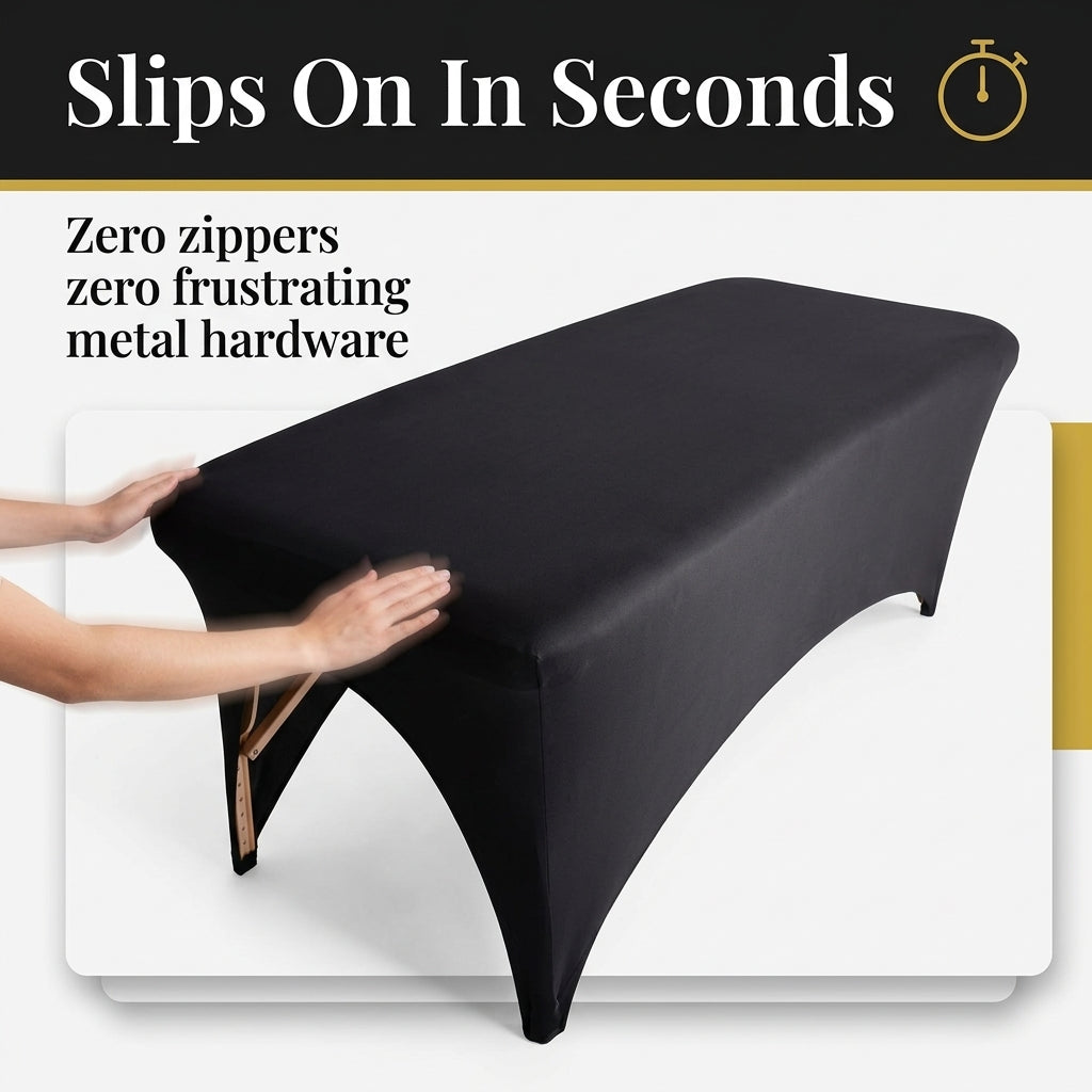 Black tablecloth being slipped over a table for ease of use.