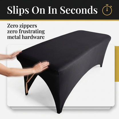 Black tablecloth being slipped over a table for ease of use.