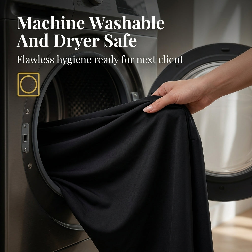 Black treatment table cover is machine washable and dryer safe products.