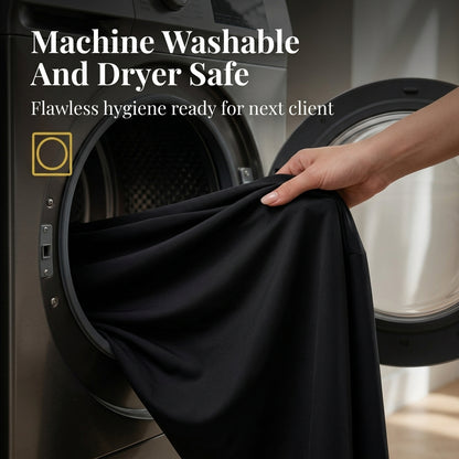 Black treatment table cover is machine washable and dryer safe products.