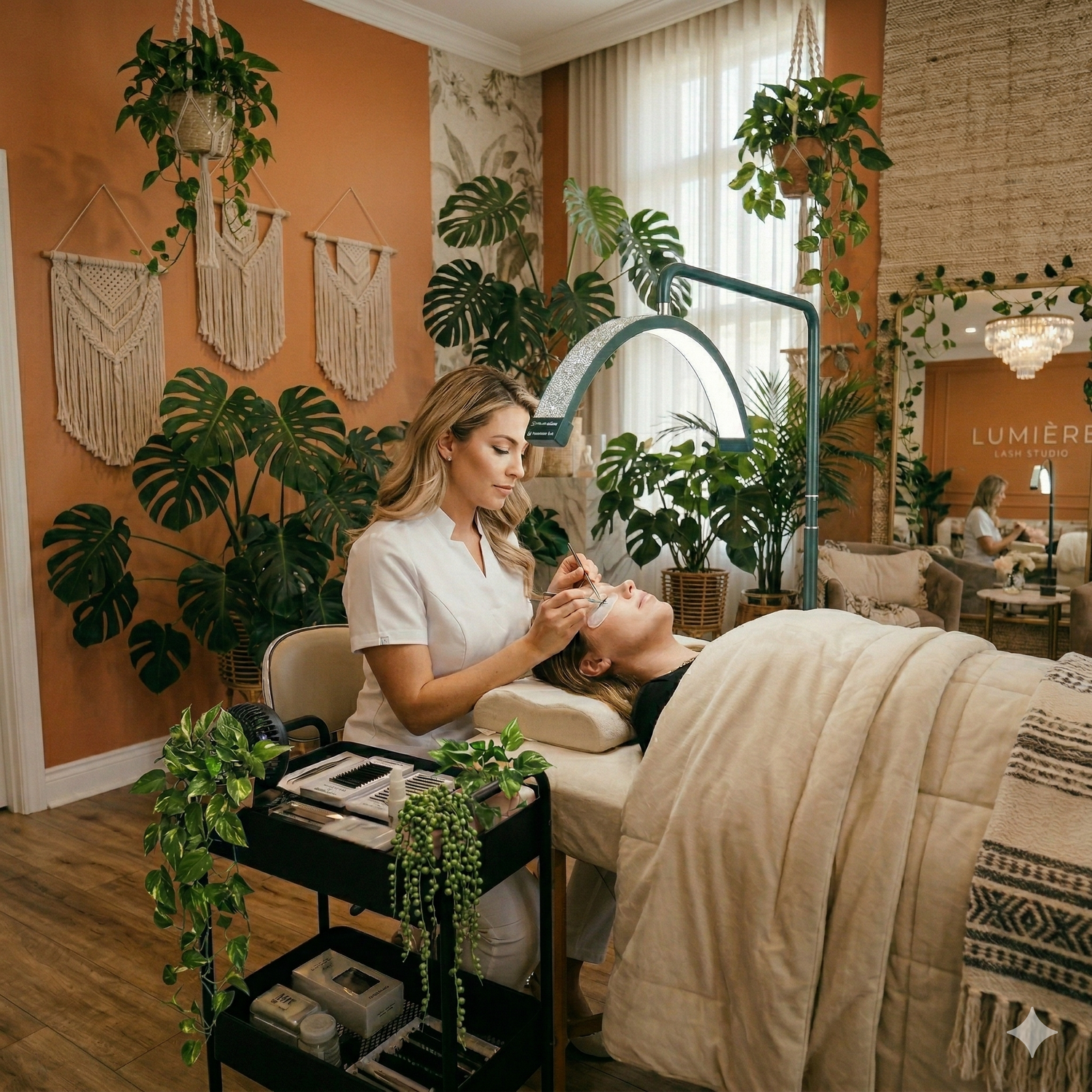 women giving a lash extension service in a earthy green studio using a diamond half moon cosmoglow lamp