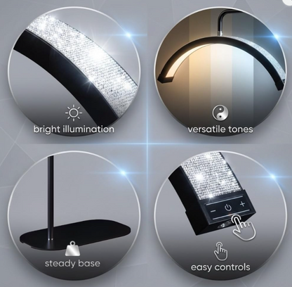 Half Moon LED Beauty Light with a dimmable knob, used for beauty professionals such as lash artists and tattooists. CosmoGlo dupe and alternative