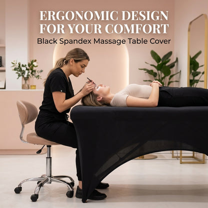Woman receiving a facial treatment on a massage table with text about ergonomic design and black spandex cover.