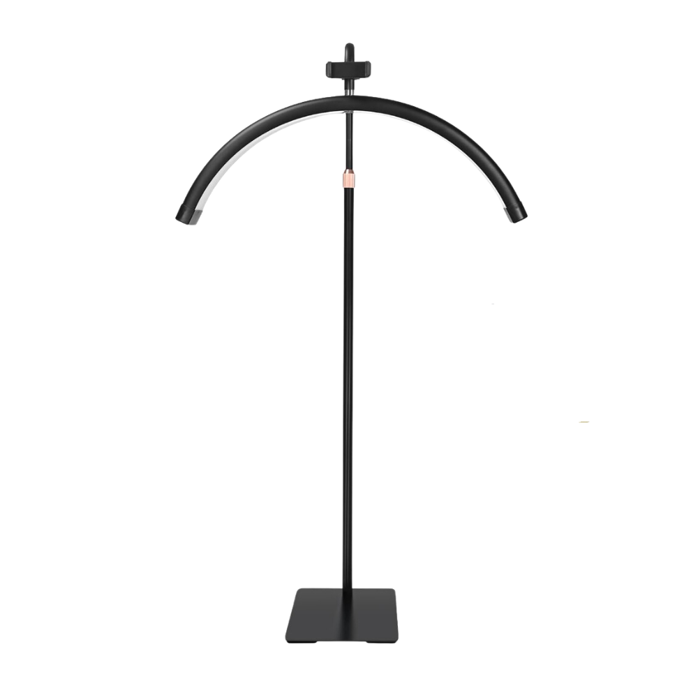 A half moon shaped floor lamp with a black base and rose gold accents, featuring a 360-degree rotating light head.